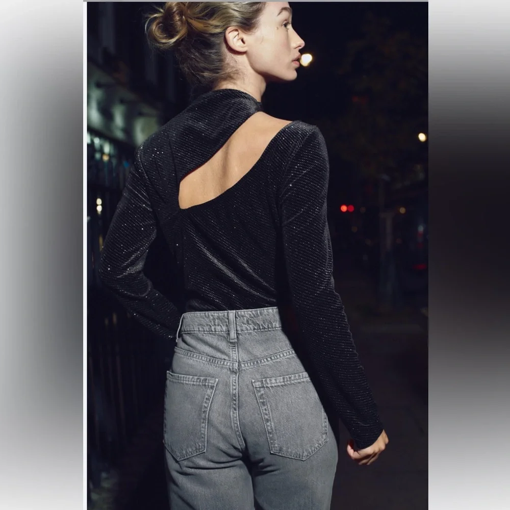 ZARA black glitter velvet asymmetrical bodysuit - Picture 9 of 9